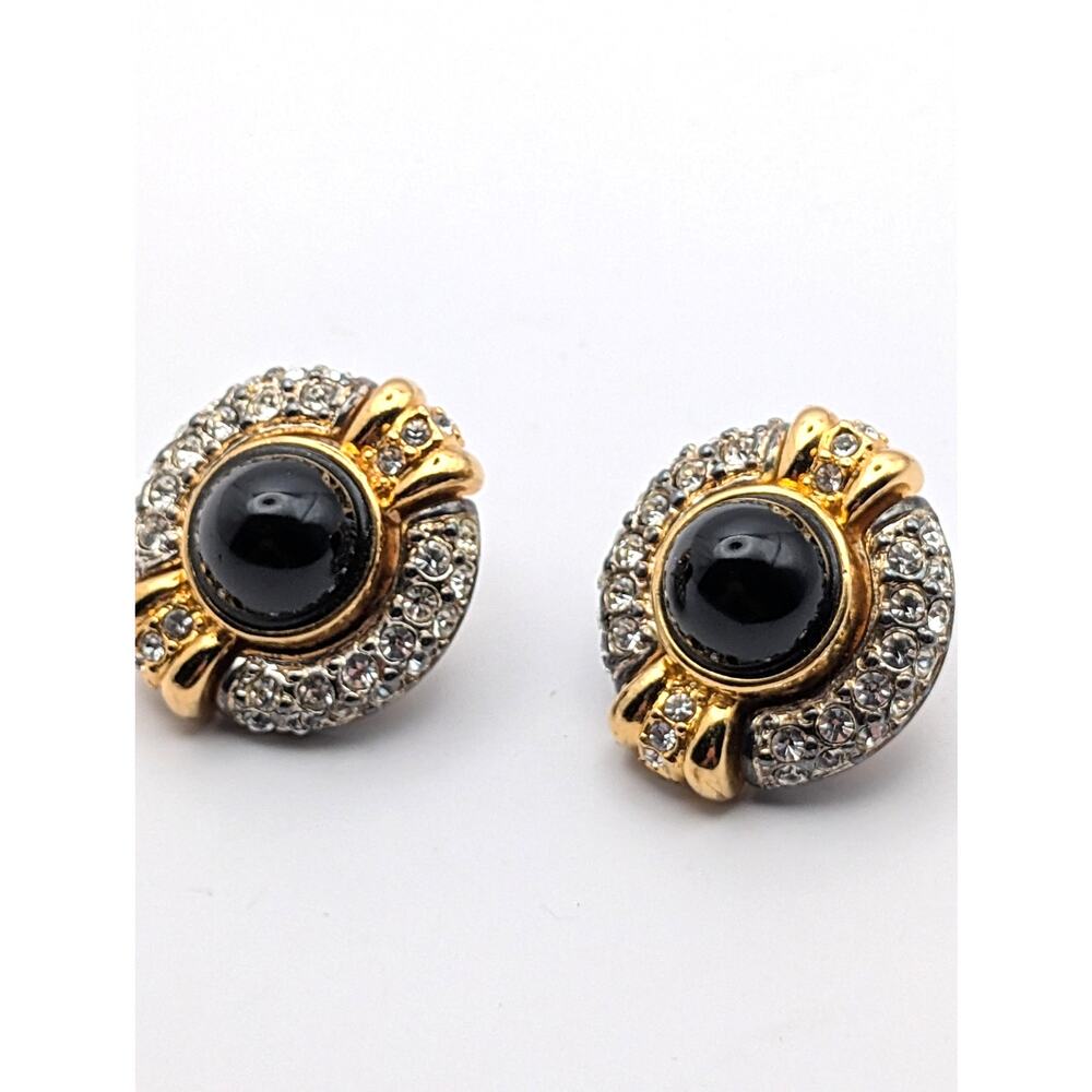 Jesara Vintage Gold Black Glass Cabochon Statement Clip On Earrings - Picture 7 of 10